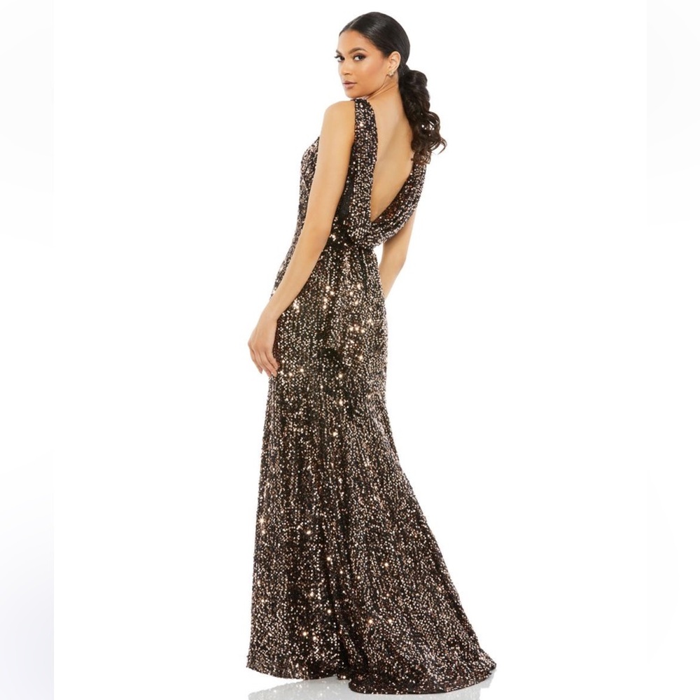 Mac Duggal Brown Cowl Back Boat Neck Sequined Evening
Gown